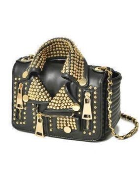 AMEILIYAR Black Vegan Leather Gold Toned Stud Biker Jacket Crossbody Bag *FLAW*